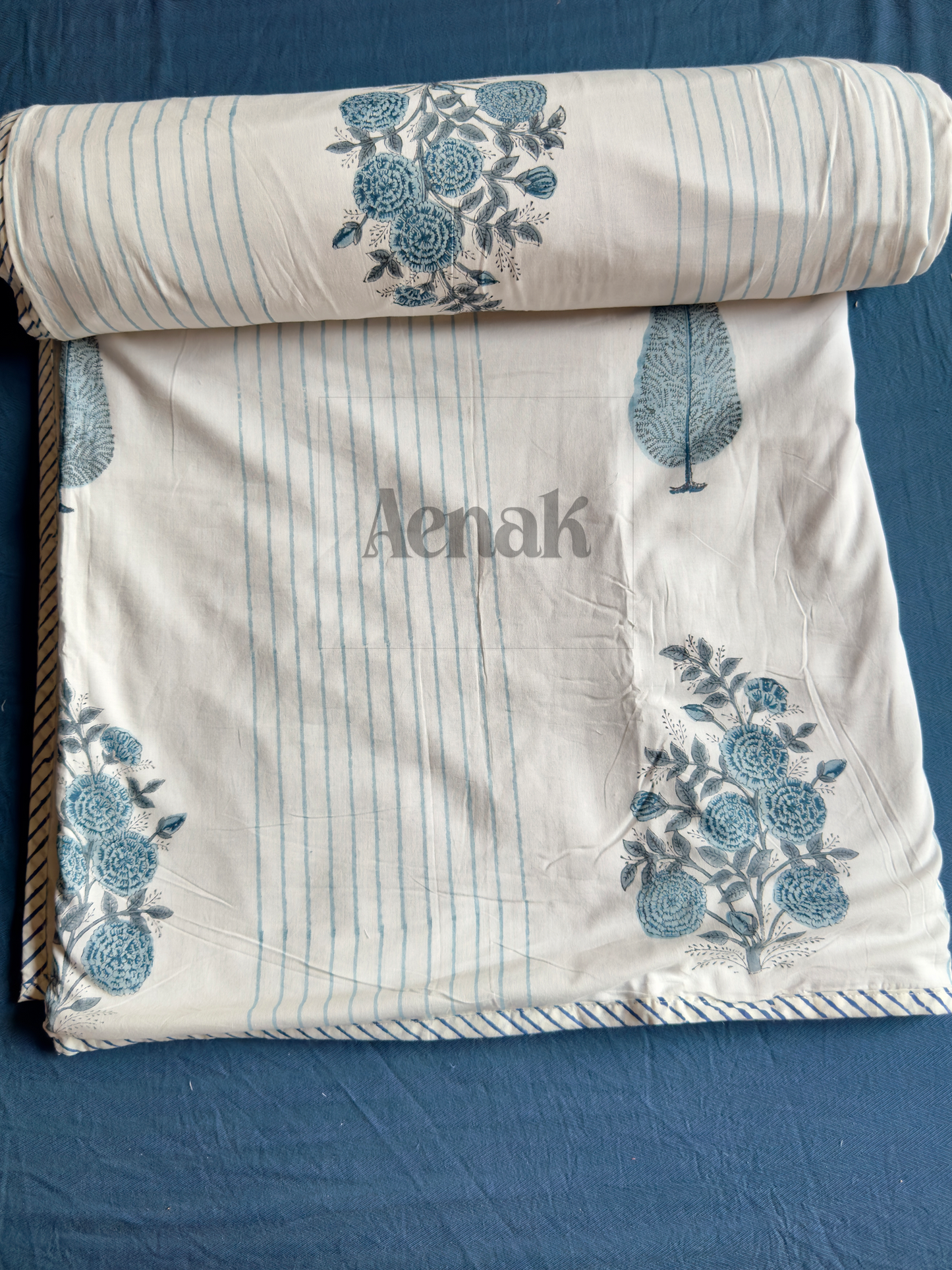 Blue Phool Boota Handblock Printed Mulmul Cotton Reversible Dohar