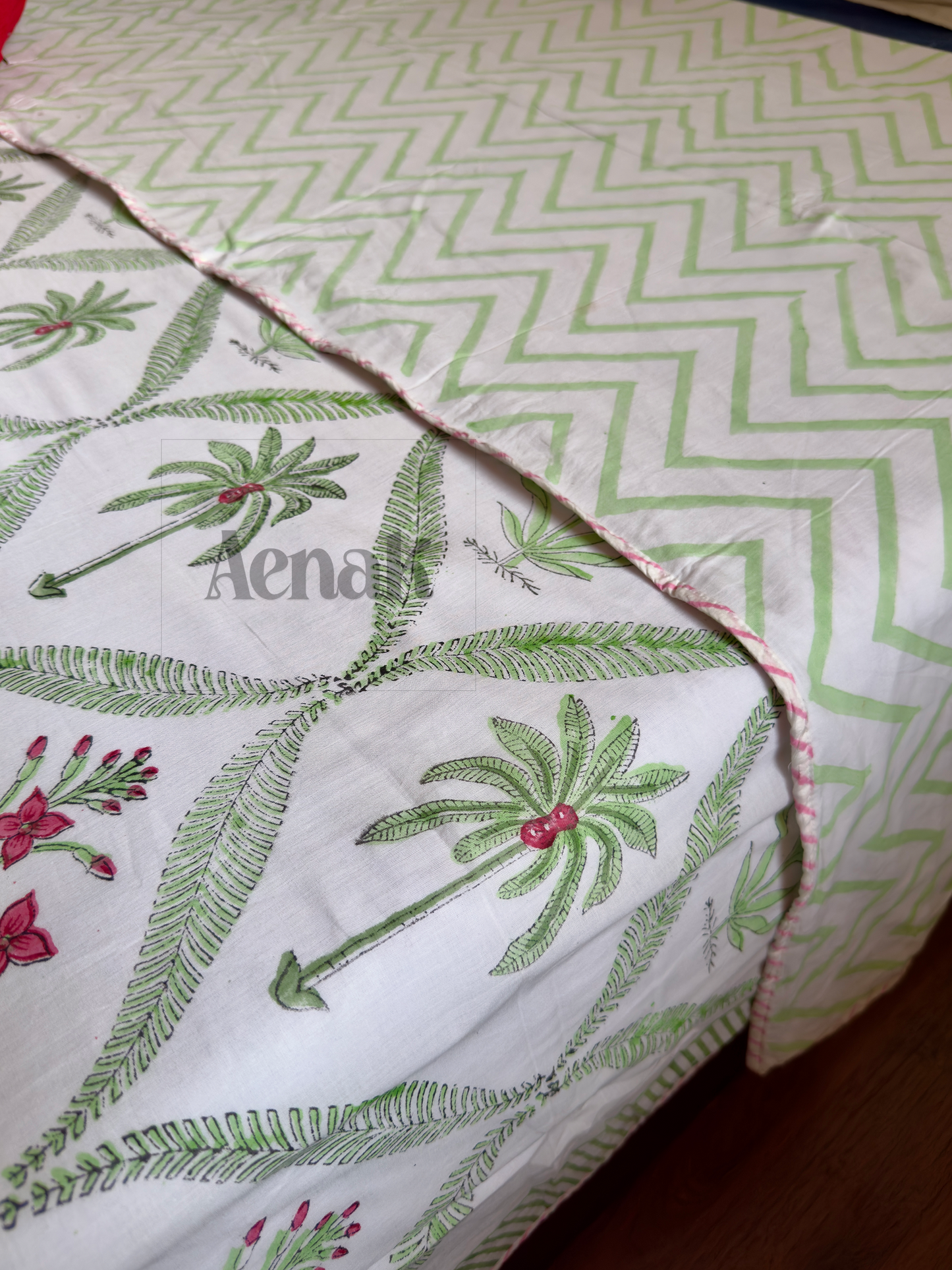 Green Palm Handblock Bedsheet + Dohar Combo