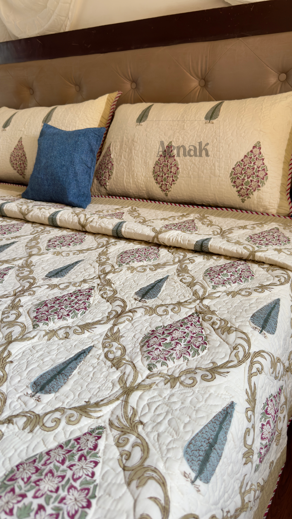 Maroon & Blue Cypress Handblock Printed Reversible Quilted Bedcover (Non-White)