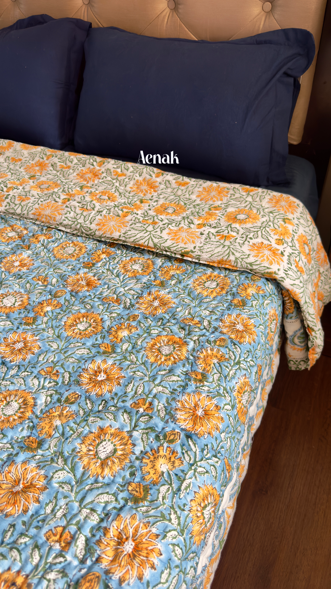 Blue & Yellow Floral Garden Handblock Printed Reversible Mulmul Cotton Quilt