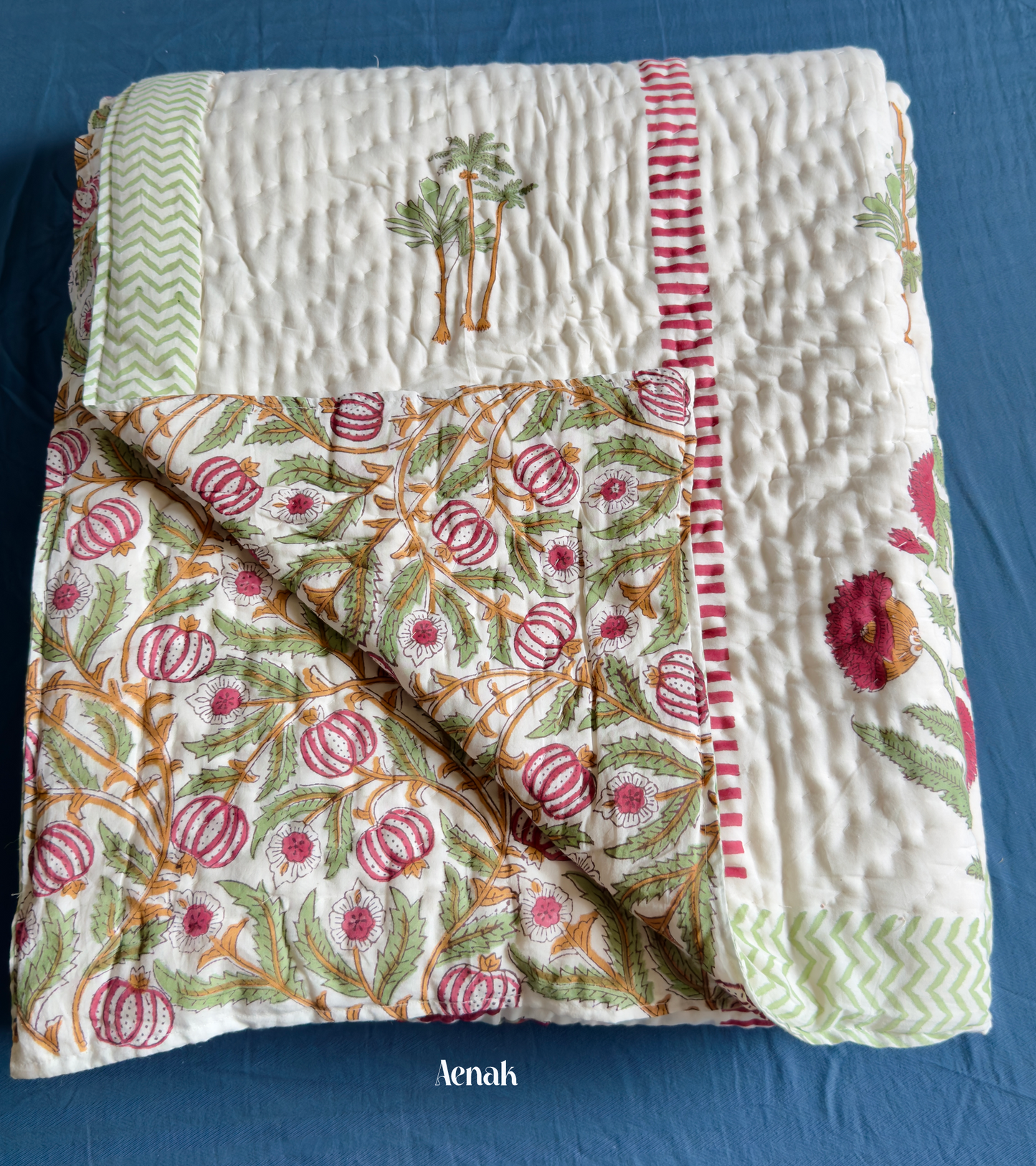 Red Dahlia Handblock Printed Reversible Mulmul Cotton Quilt