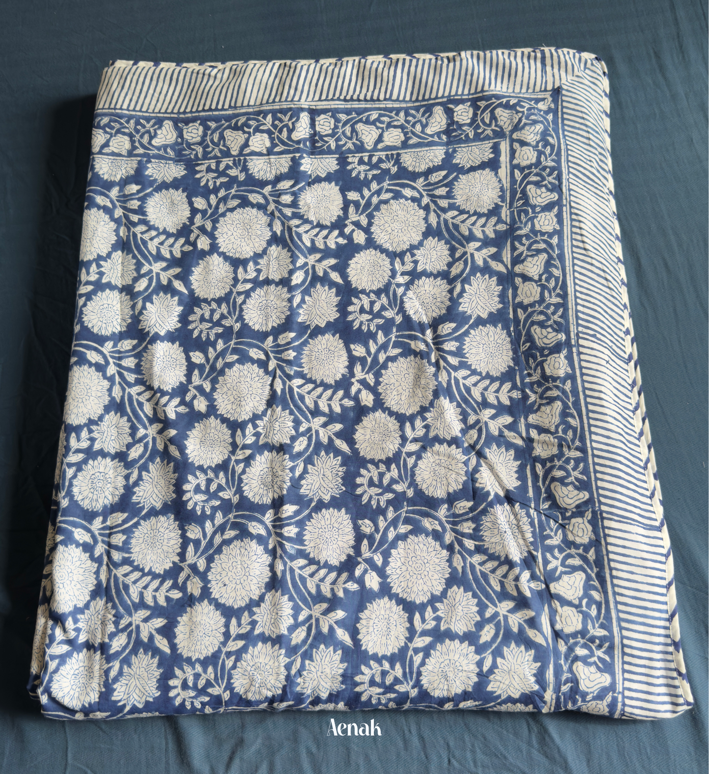 Blue Floral Garden Handblock Printed Mulmul Cotton Reversible Dohar