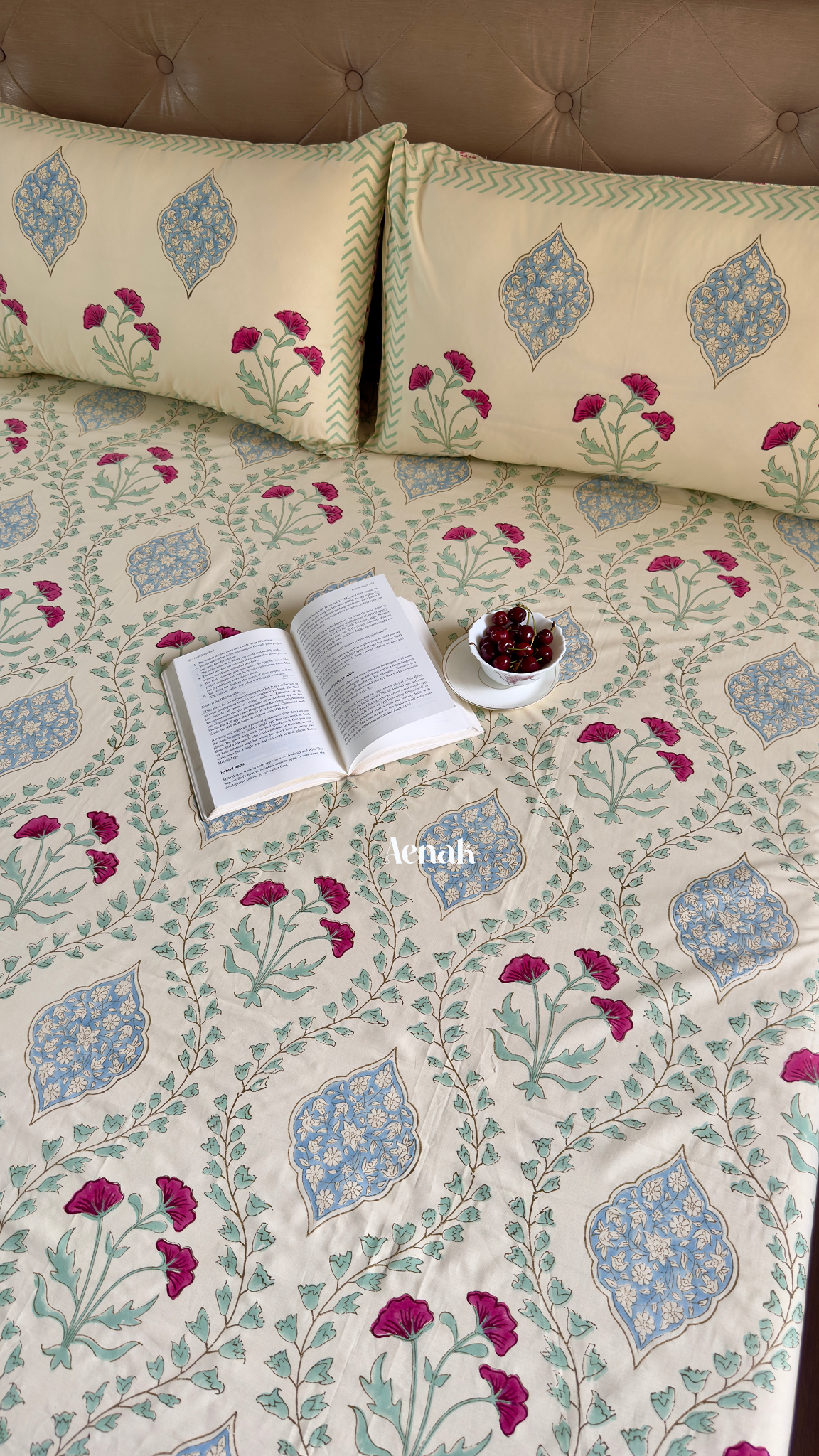 Pink Poppy Jaal Handblock Printed Premium Cotton Bedsheet Set (Light Beige Base)