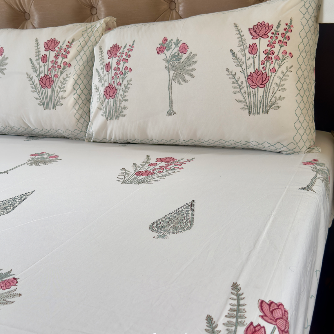 Green Ashoka Handblock Bedsheet + Dohar Combo Set