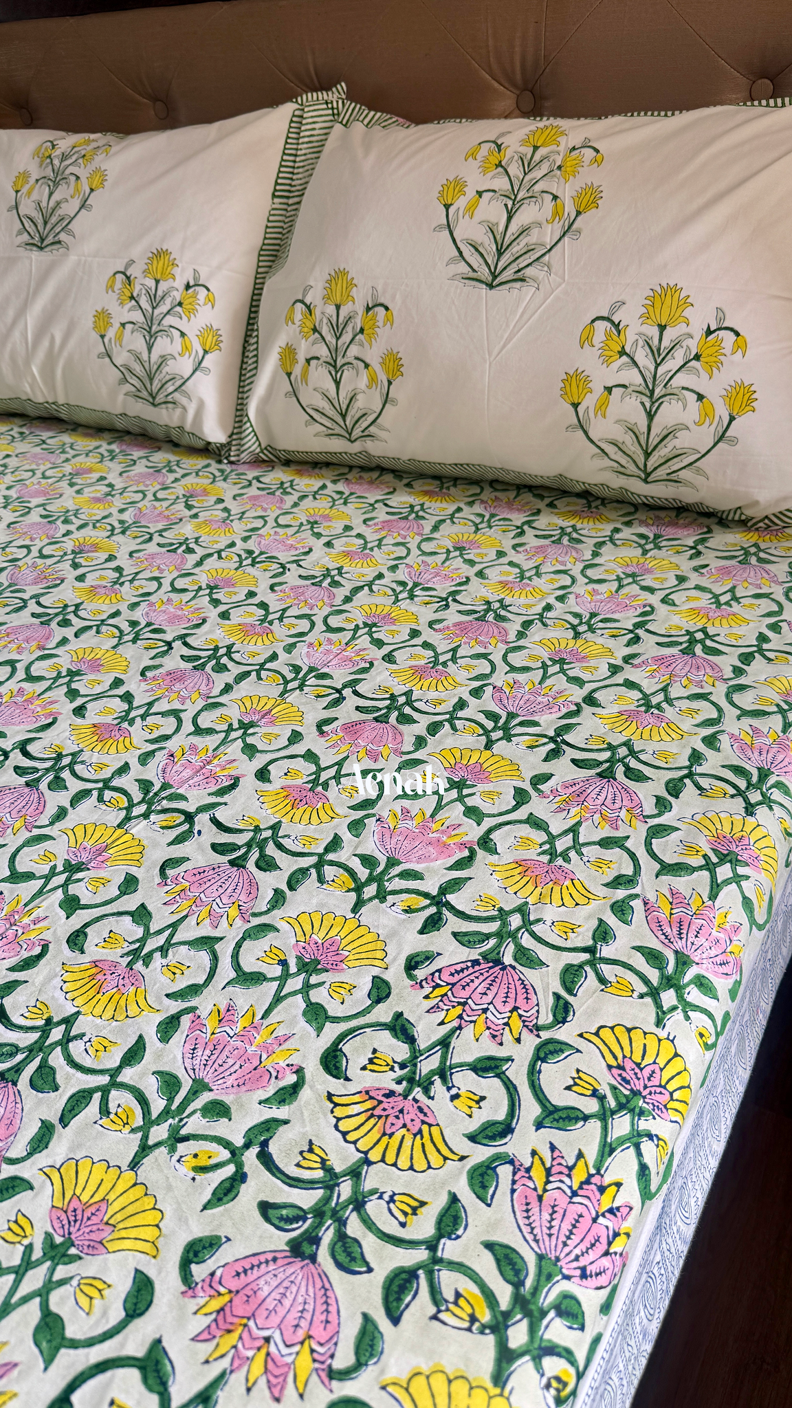 Pink Yellow Lotus Handblock Bedsheet + Quilted Bedcover Combo