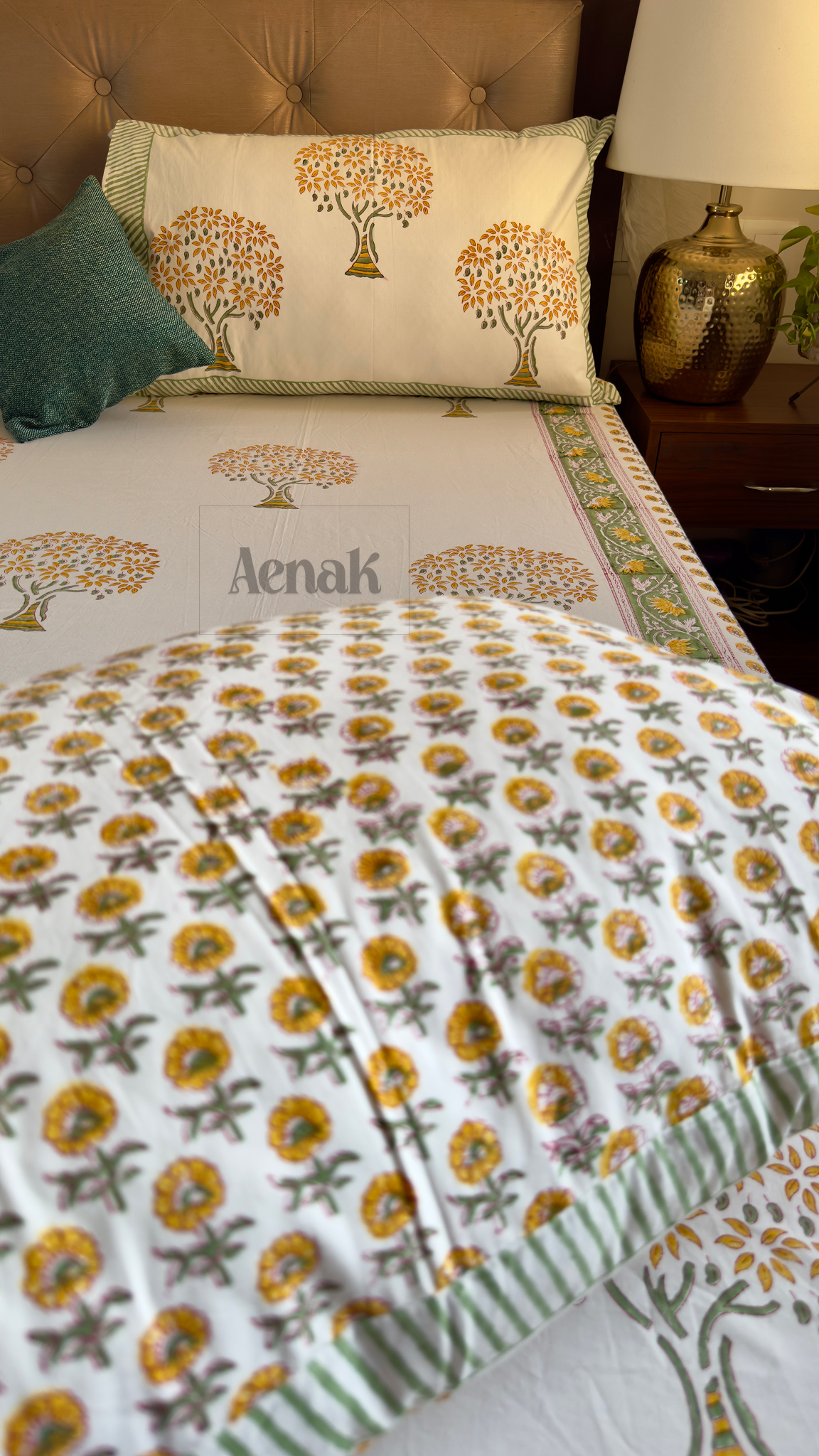 Yellow Bodhi Tree Handblock Printed Premium Cotton Bedsheet Set