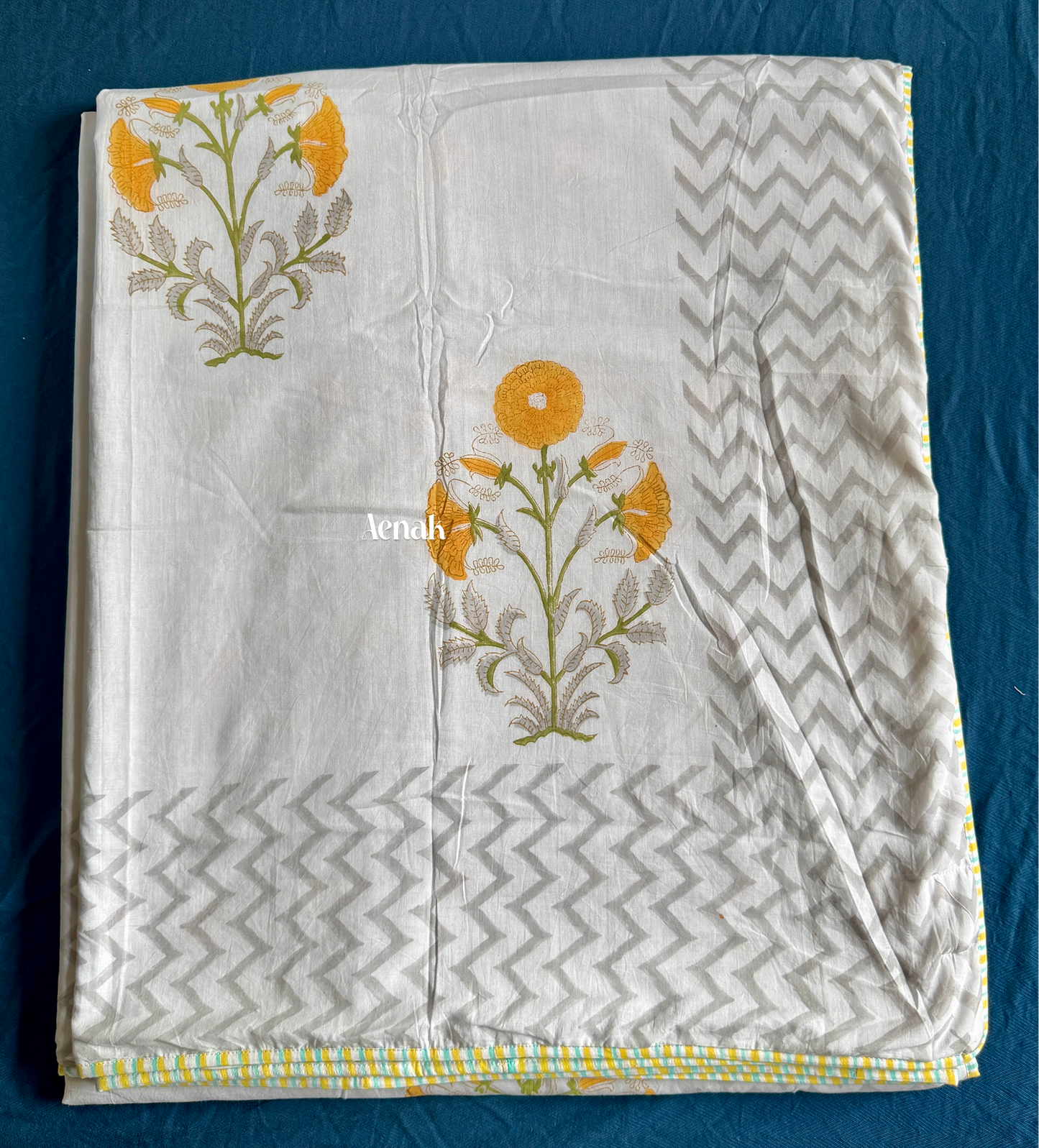 Yellow Dahlia Garden Handblock Printed Mulmul Cotton Reversible Dohar