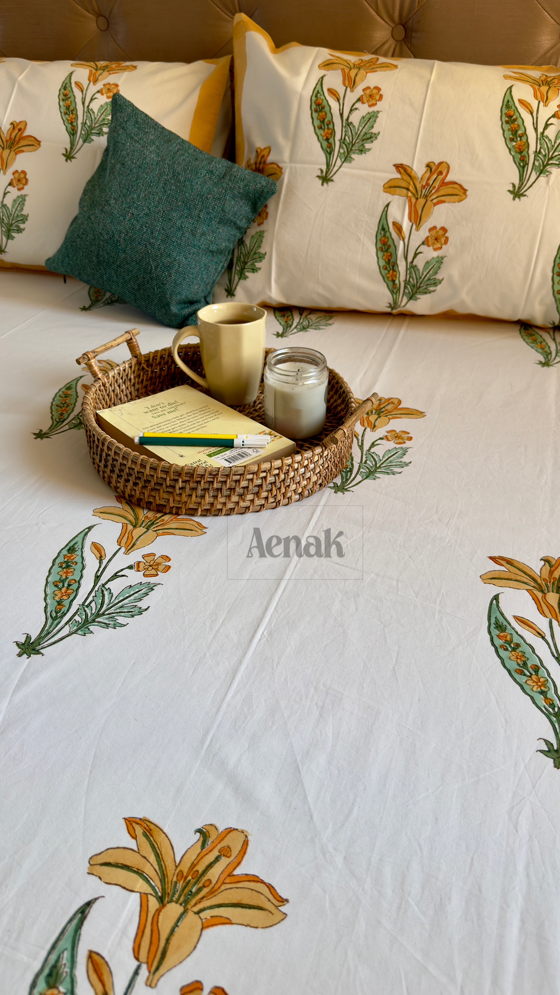 Yellow Lily Handblock Bedsheet + Quilted Bedcover Combo