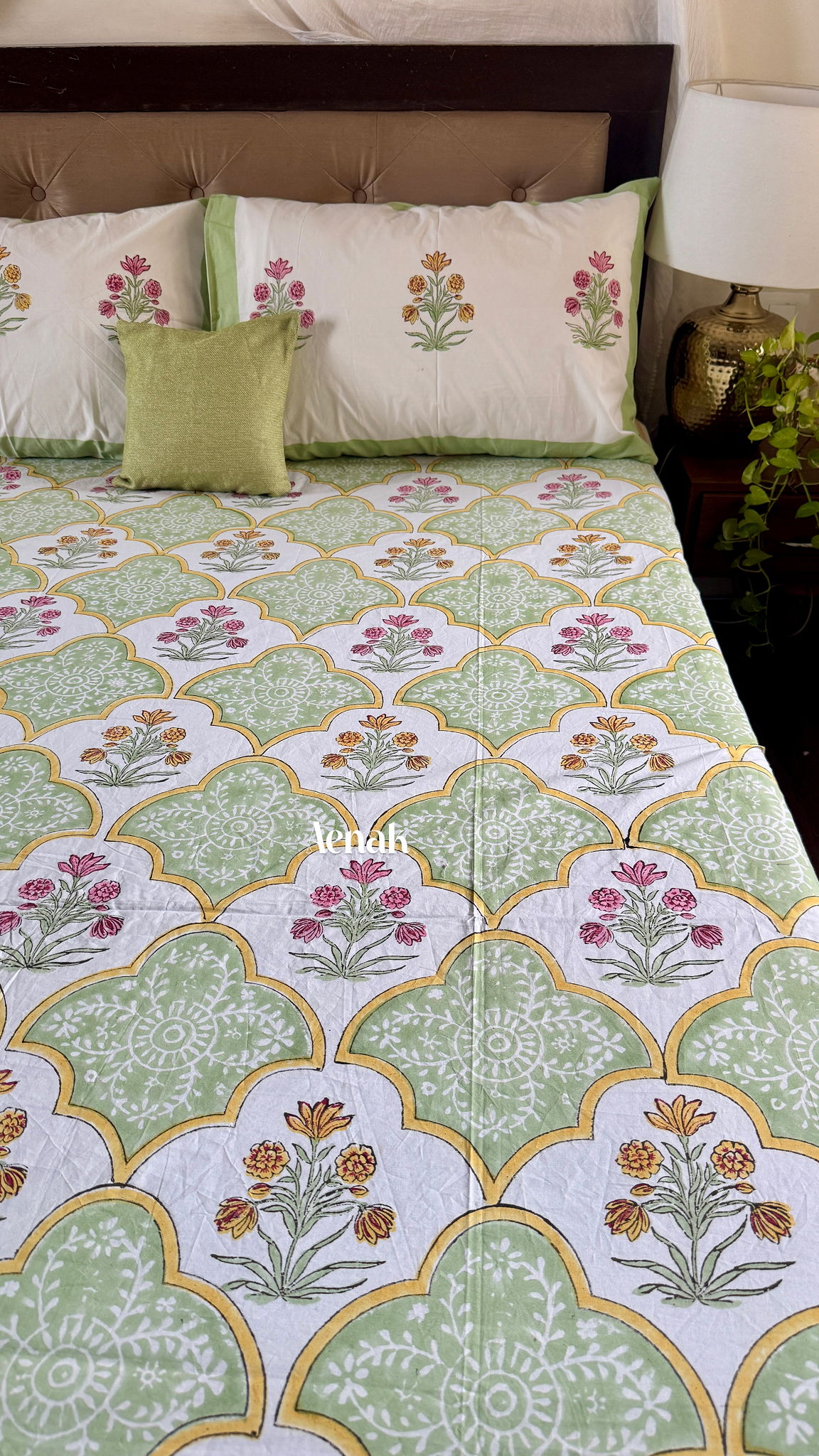 Mint Green & Yellow Handblock Printed Premium Cotton Bedsheet