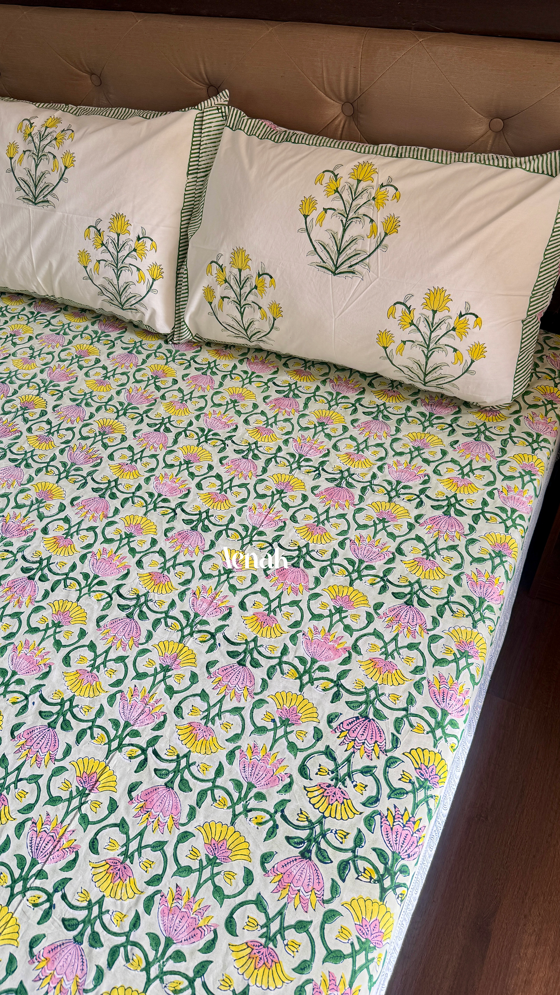Pink & Yellow Lotus Handblock Printed Premium Cotton Bedsheet