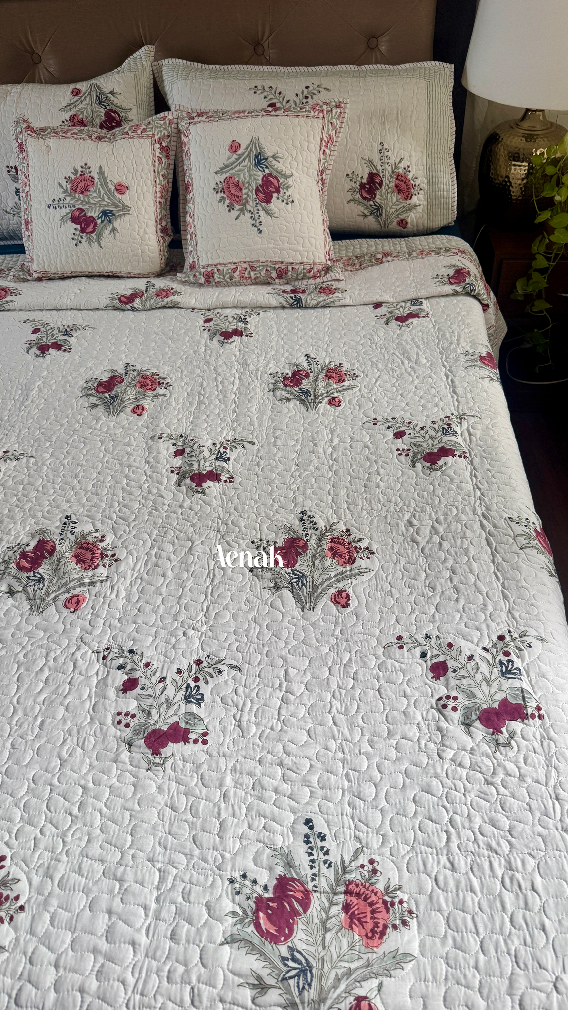 Burgundy Anaar Handblock Bedsheet + Quilted Bedcover Combo