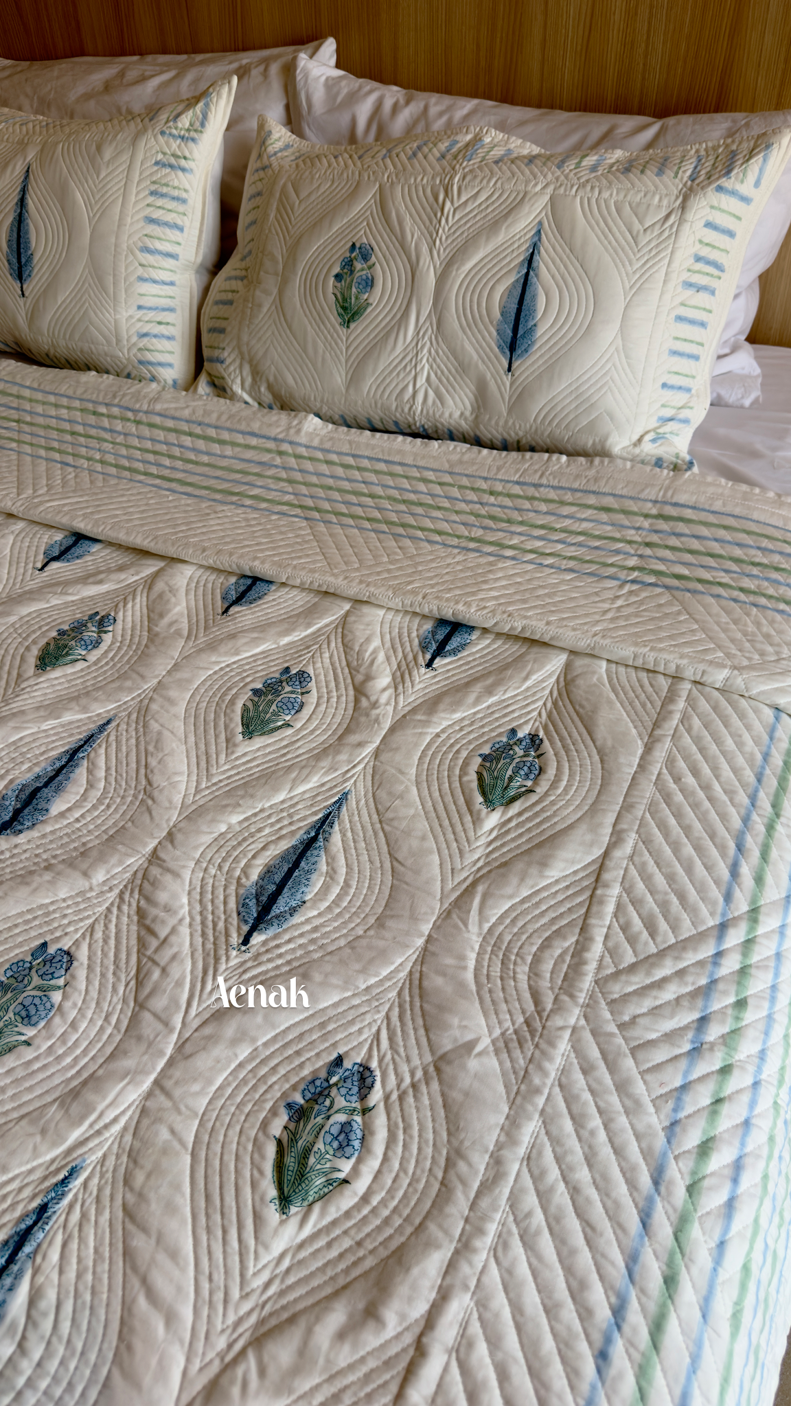 White Embossed Handblock Printed Quilted Bedcover