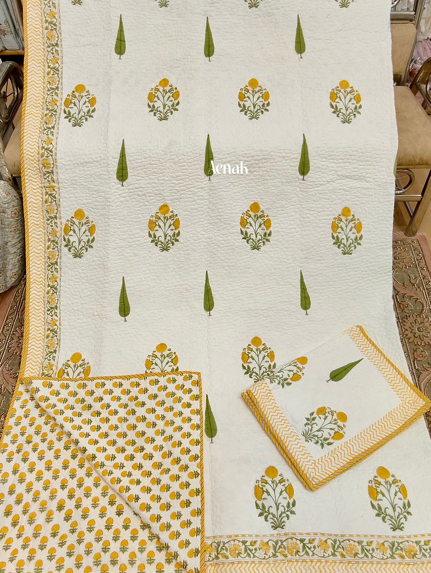 Yellow Marigold Handblock Printed Reversible Quilted Bedcover -105 x108