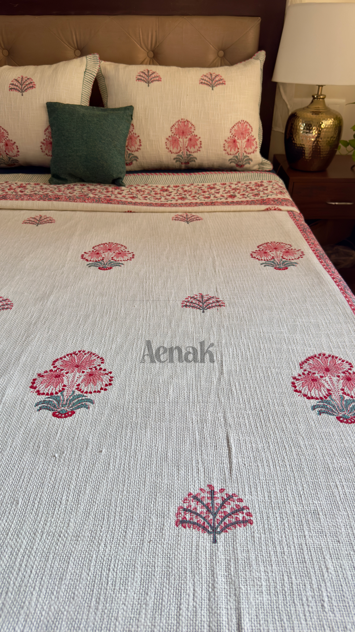 Pink Palm Handblock Printed Jute Cotton Bedcover