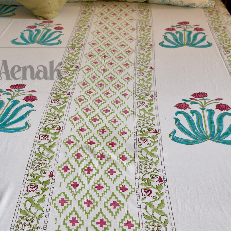 Pink Lotus Handblock Bedsheet + Dohar Combo