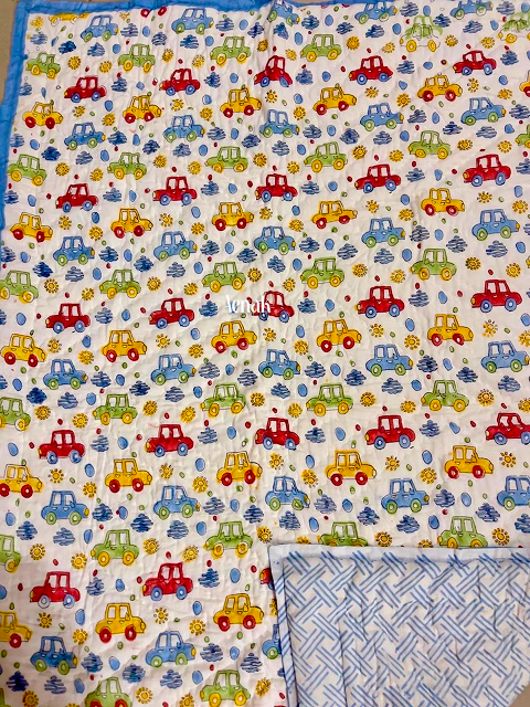 Mini Cars Handblock Printed Reversible Mulmul Cotton Blanket