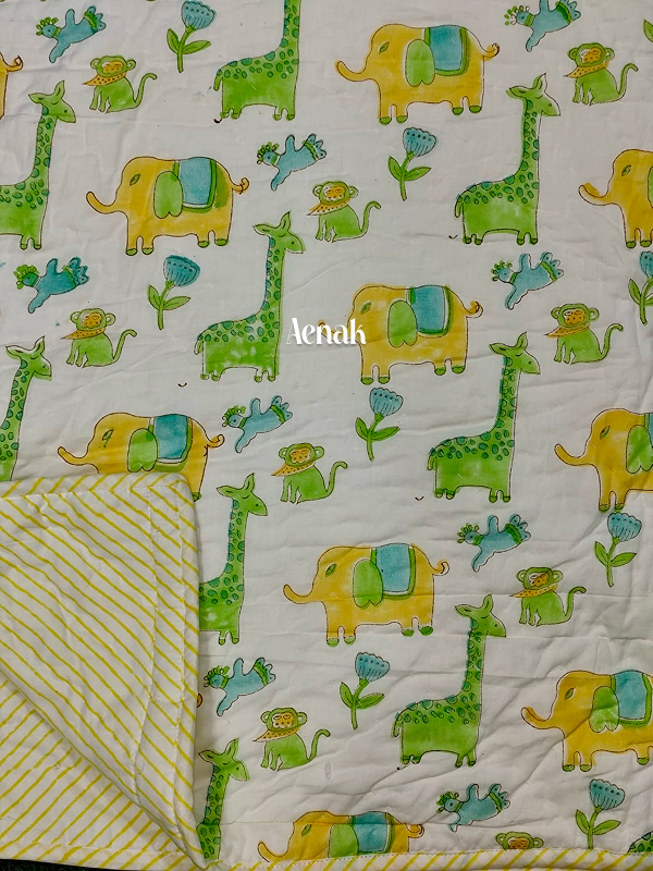 Green Giraffe Handblock Printed Reversible Mulmul Cotton Blanket