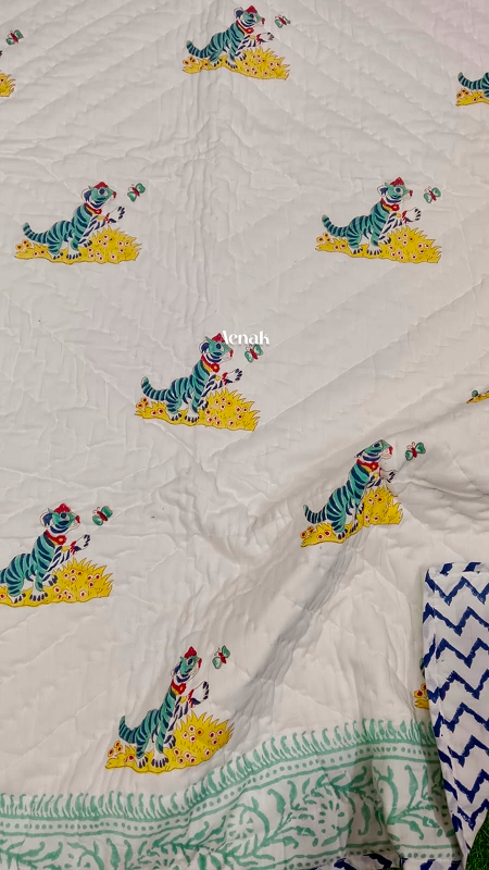 Blue Tiger Handblock Printed Reversible Mulmul Cotton Blanket
