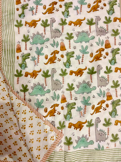 Brown Green Dinosaur Handblock Printed Reversible Mulmul Cotton Blanket