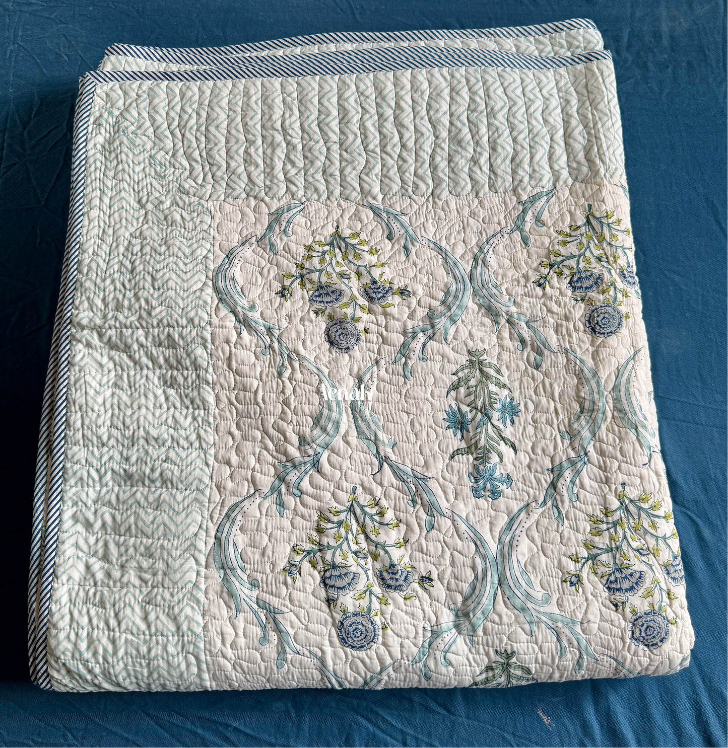 Blue Floral Jaal Handblock Printed Reversible Quilted Bedcover