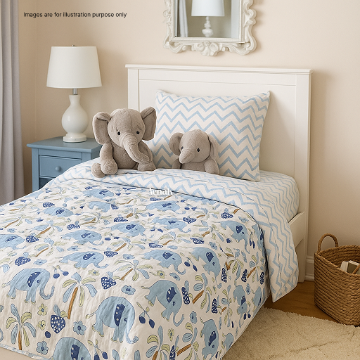 Blue Elephant Handblock Printed Reversible Mulmul Cotton Blanket