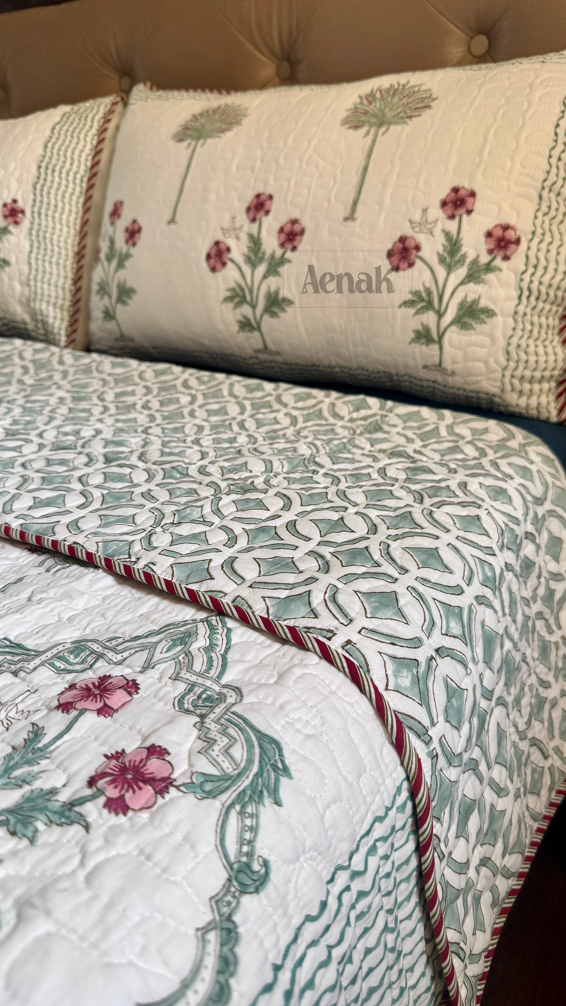 Sage Green Jaal Handblock Printed Reversible Quilted Cotton Bedcover
