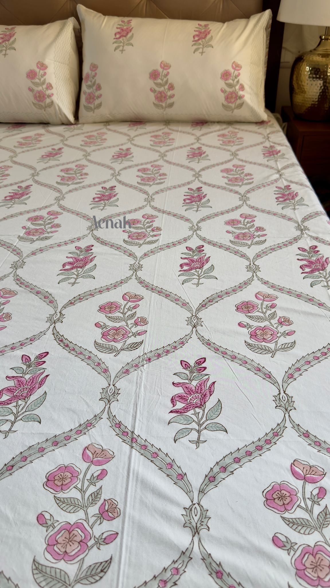 Pink Periwinkle Handblock Bedsheet + Quilt Combo