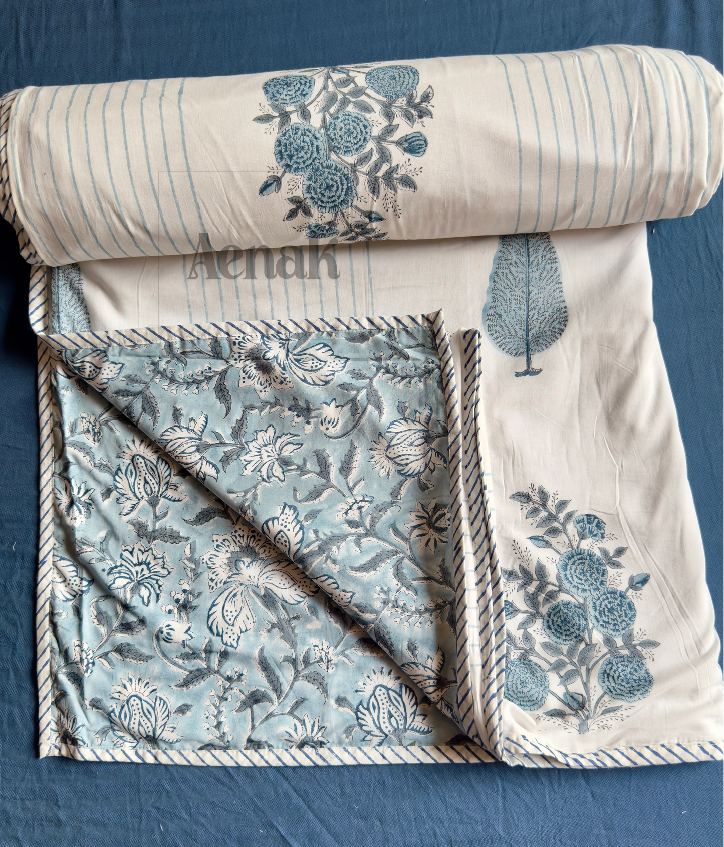 Blue Phool Boota Handblock Bedsheet + Dohar Combo Set