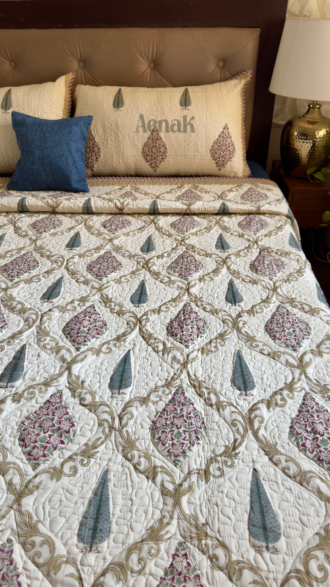 Maroon & Blue Cypress Handblock Printed Reversible Quilted Bedcover (Non-White)