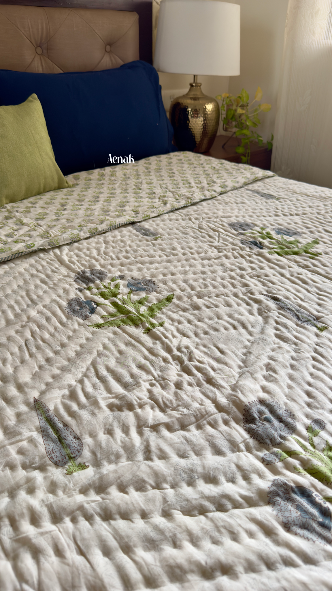Blue Dahlia Handblock Printed Reversible Mulmul Cotton Quilt