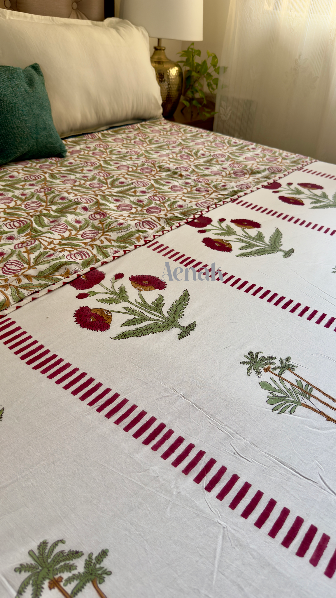 Red Dahlia Handblock Bedsheet + Dohar Combo