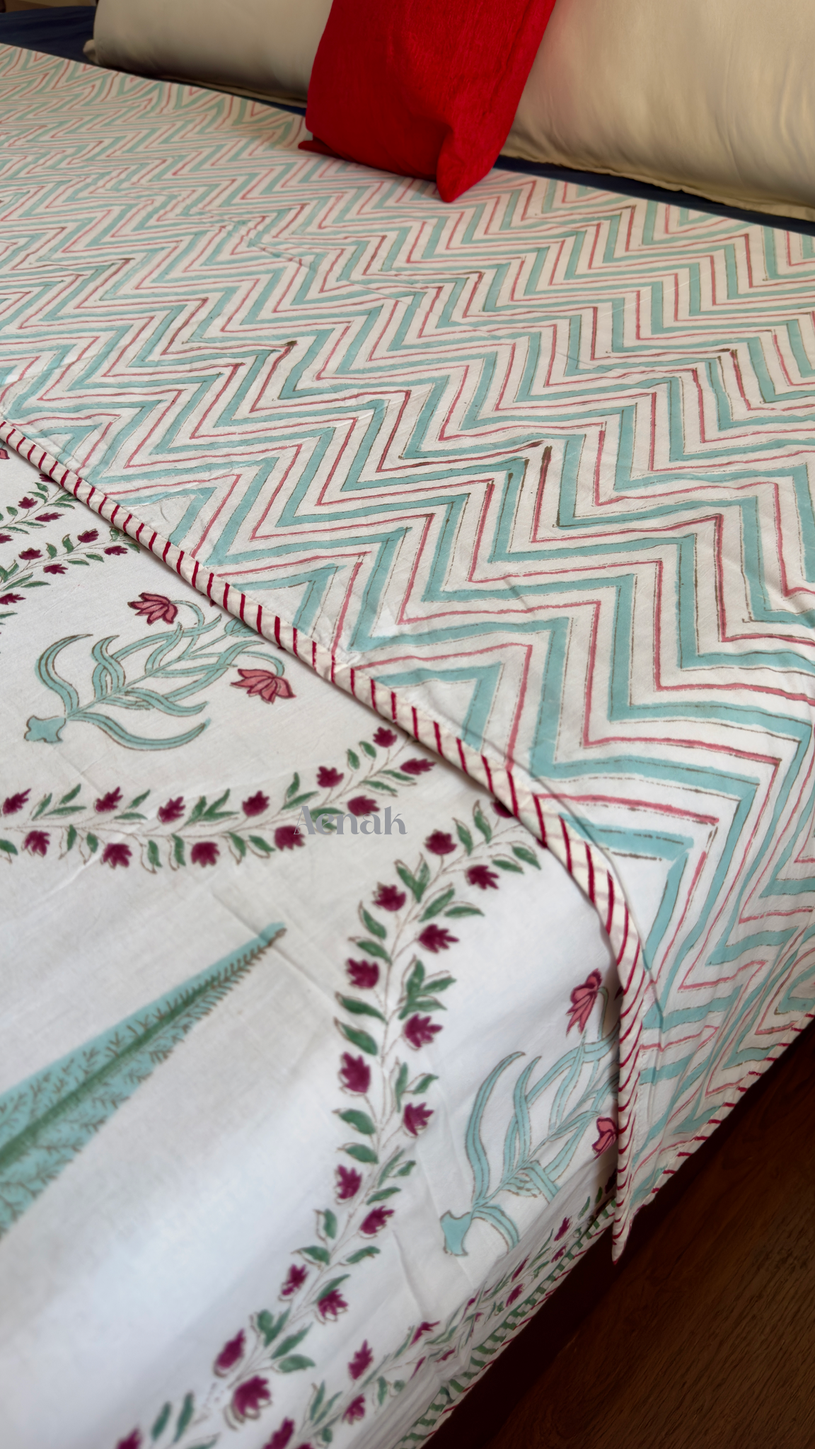 Teal Green Cypress Handblock Bedsheet + Dohar Combo