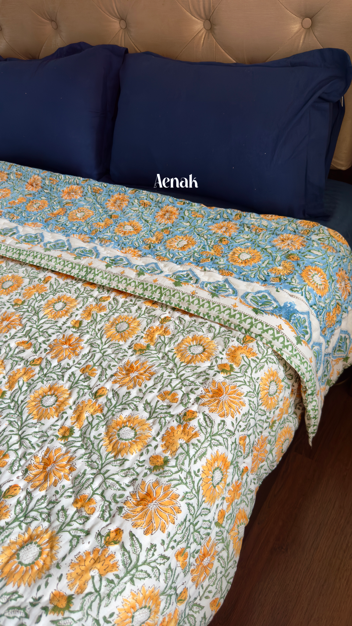Blue & Yellow Floral Garden Handblock Printed Reversible Mulmul Cotton Quilt