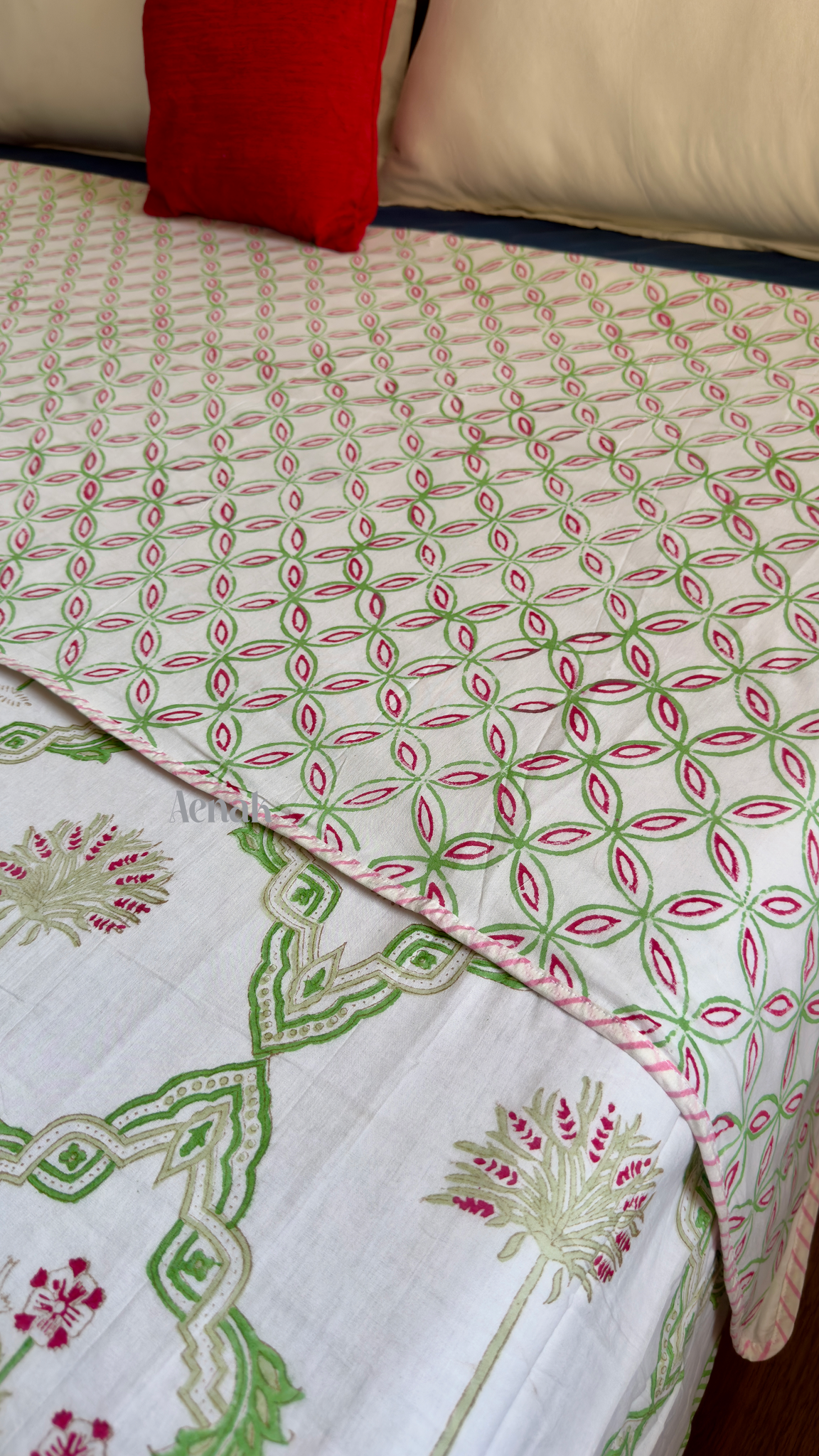 Pink Palm Jaal Handblock Bedsheet + Dohar Combo Set