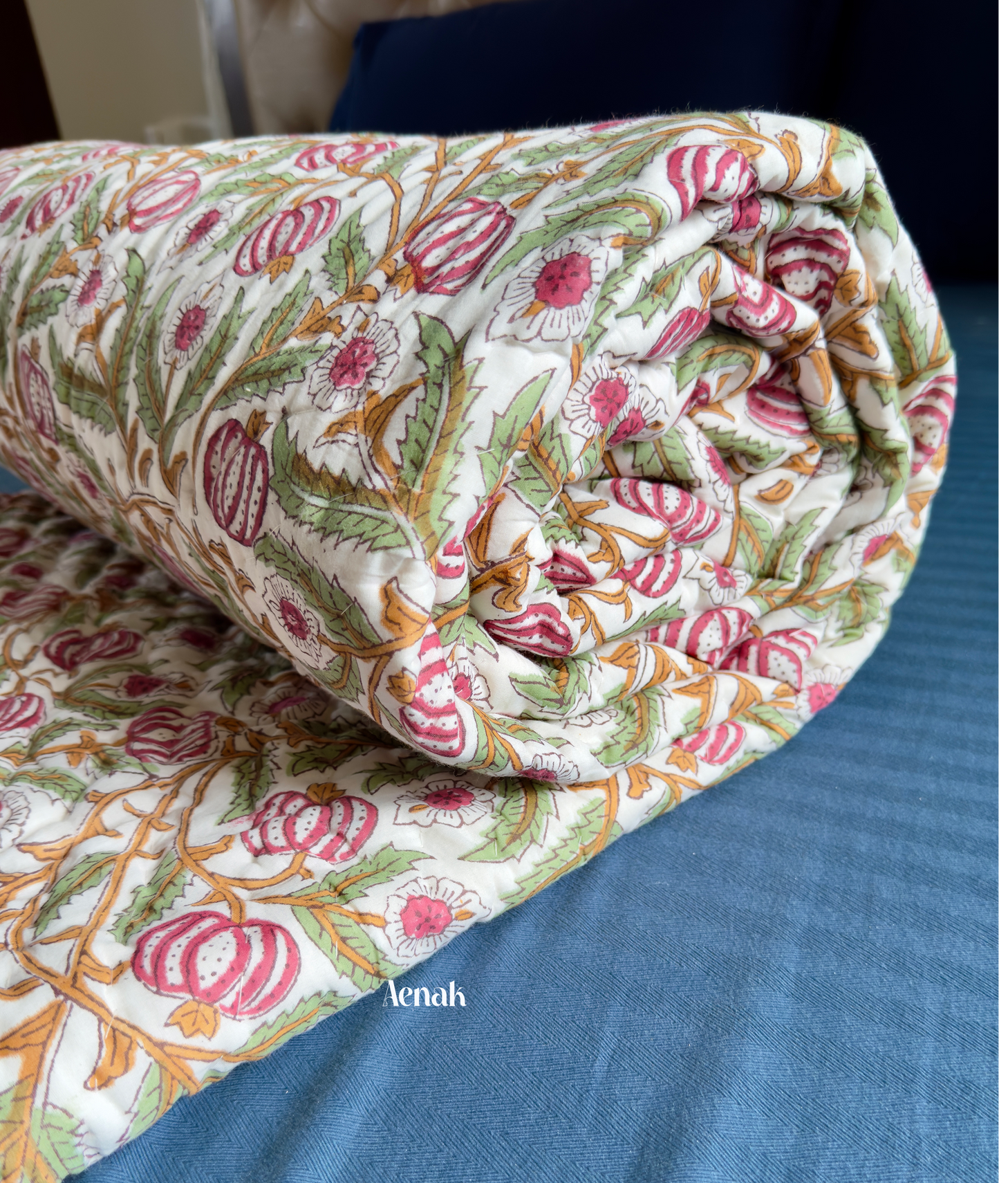 Red Dahlia Handblock Printed Reversible Mulmul Cotton Quilt