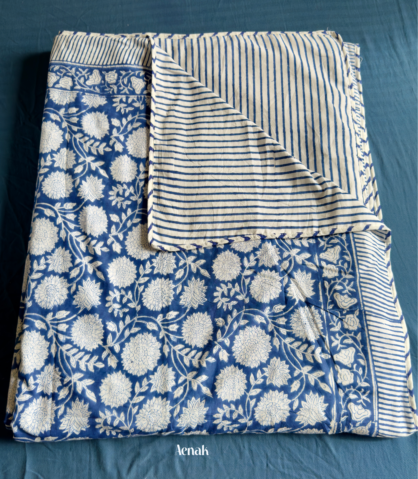 Blue Floral Garden Handblock Printed Mulmul Cotton Reversible Dohar
