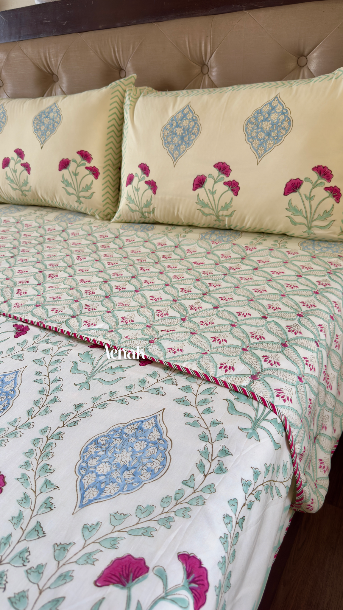 Pink Poppy Jaal Handblock Printed Mulmul Cotton Reversible Dohar (Non-White)
