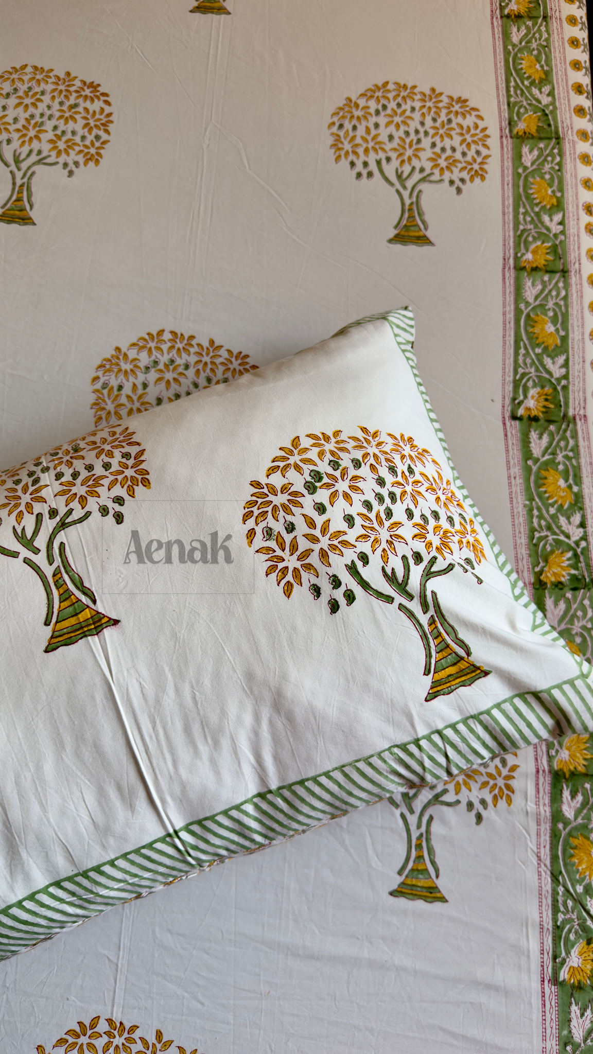 Yellow Bodhi Tree Handblock Printed Premium Cotton Fitted Bedsheet Set
