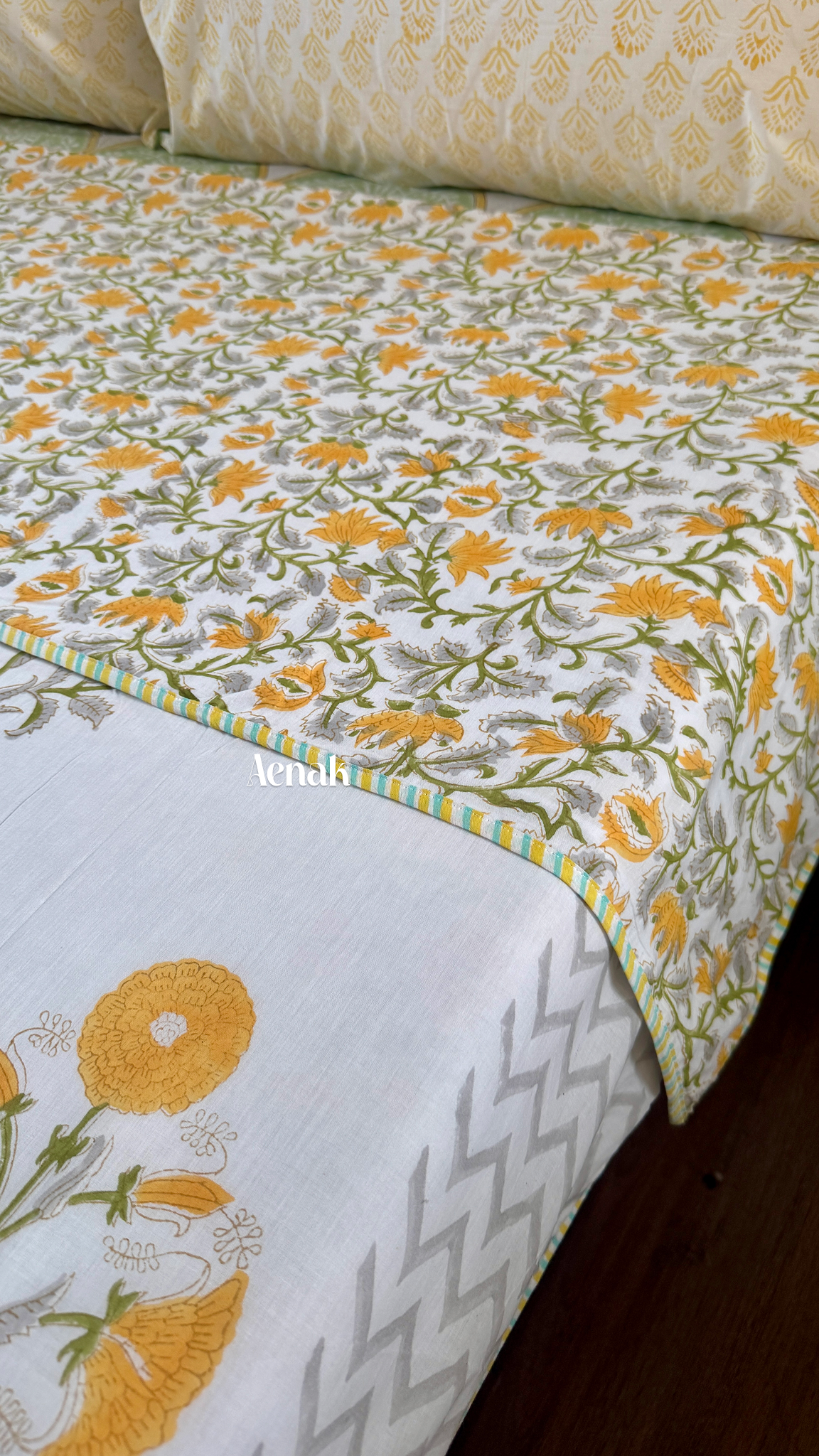 Yellow Dahlia Garden Handblock Printed Mulmul Cotton Reversible Dohar