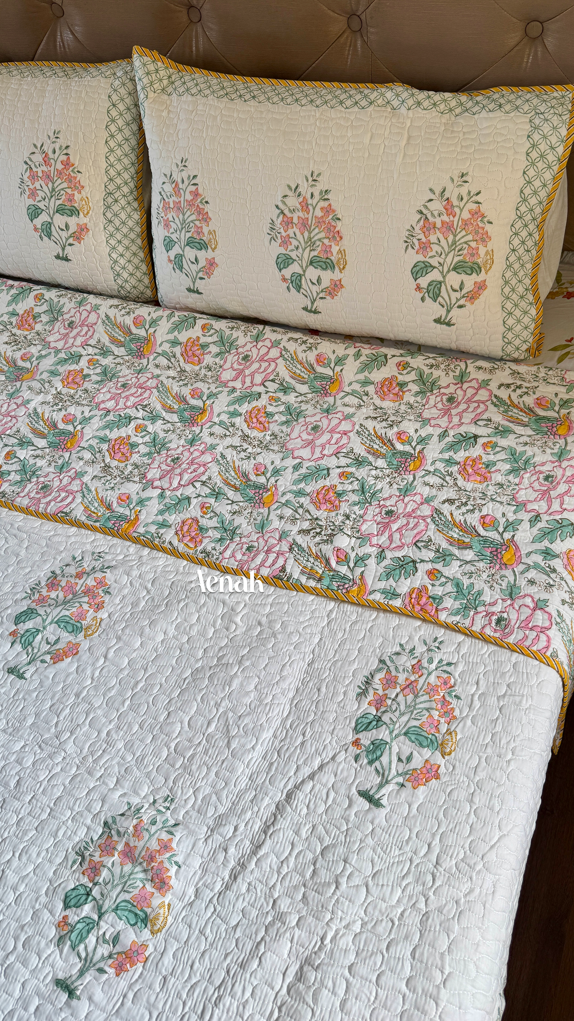Peach Anokhi Handblock Printed Reversible Quilted Bedcover