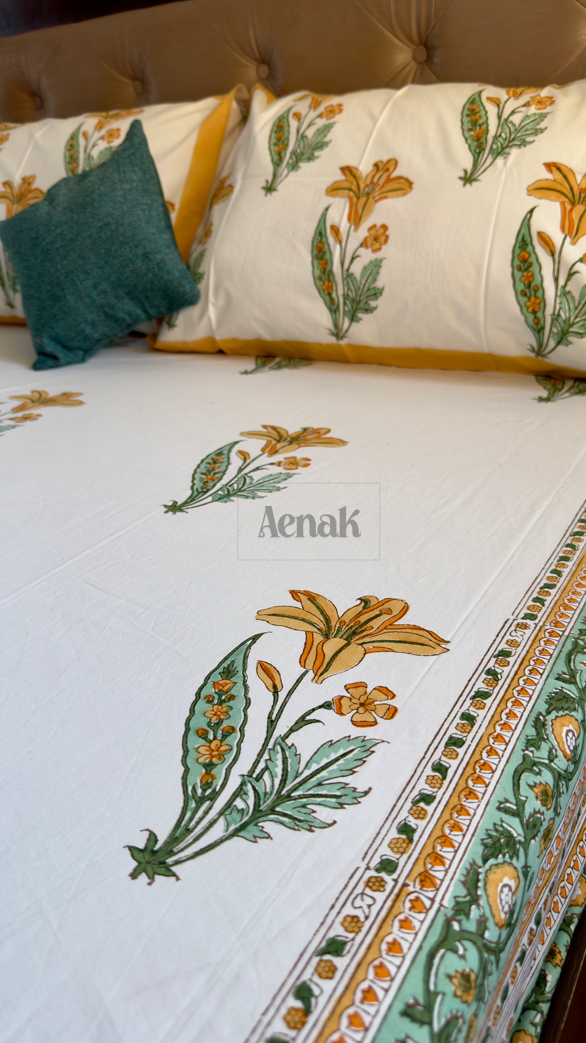 Yellow Lily Handblock Bedsheet + Quilted Bedcover Combo