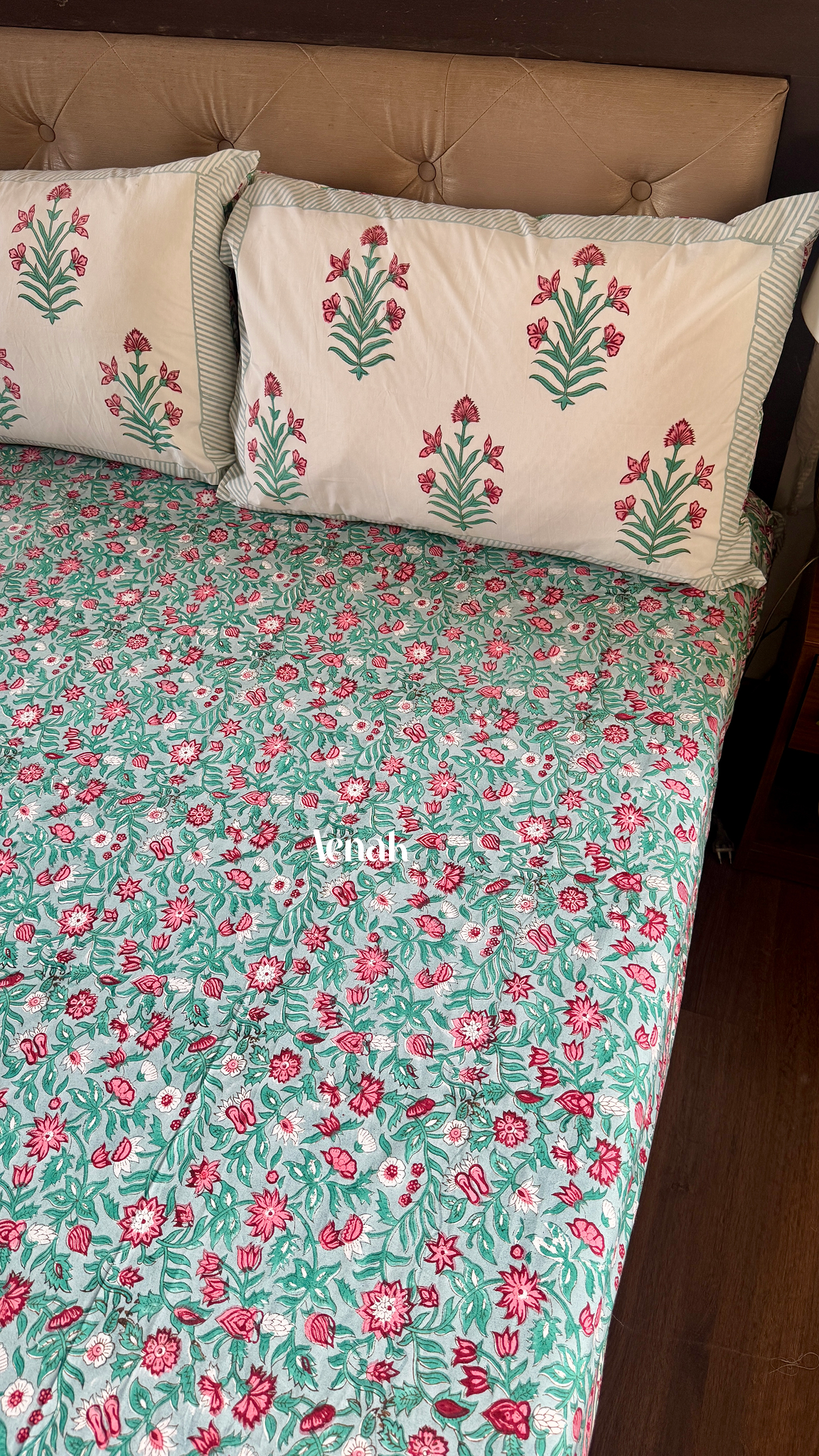 Sage Green Floral Handblock Printed Premium Cotton Bedsheet