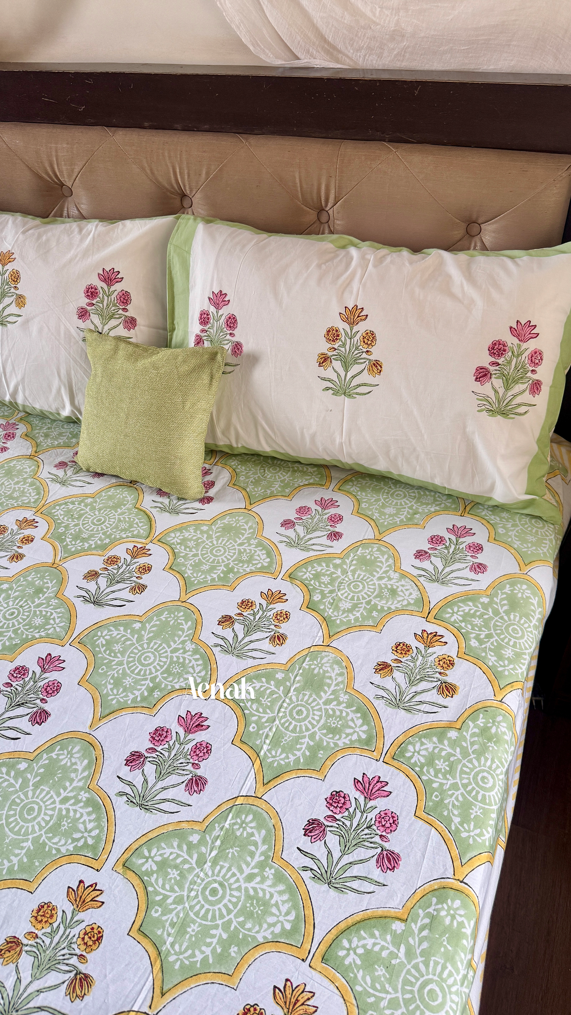 Mint Green & Yellow Handblock Printed Premium Cotton Bedsheet