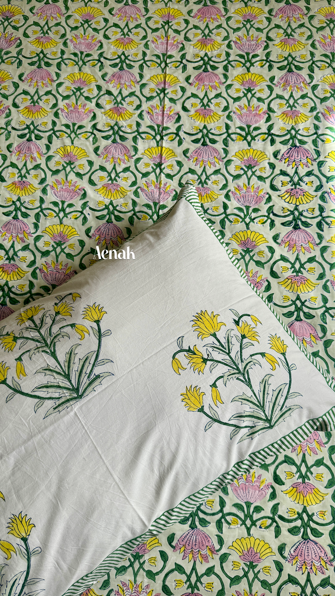 Pink & Yellow Lotus Handblock Bedsheet + Quilt Combo Set