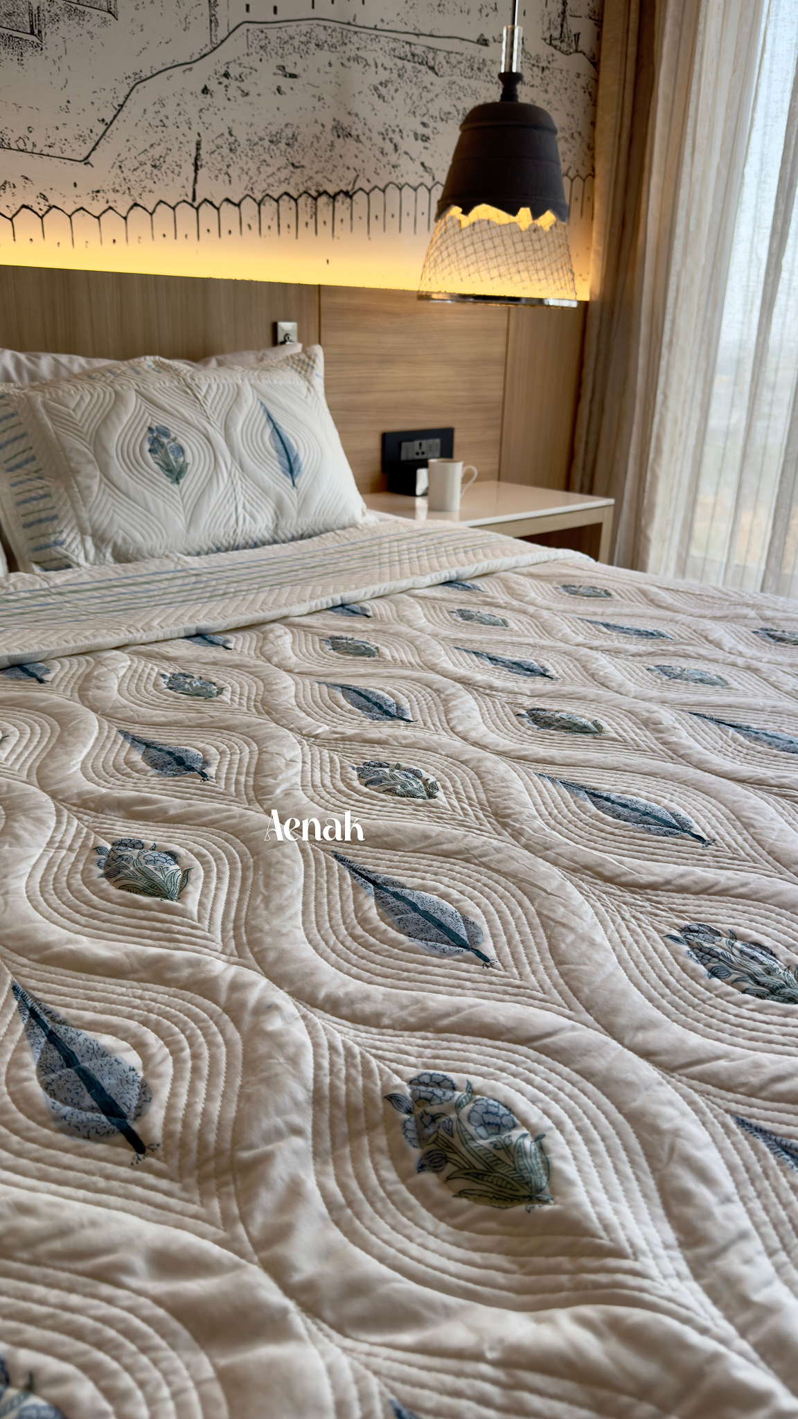 White Embossed Handblock Printed Quilted Bedcover