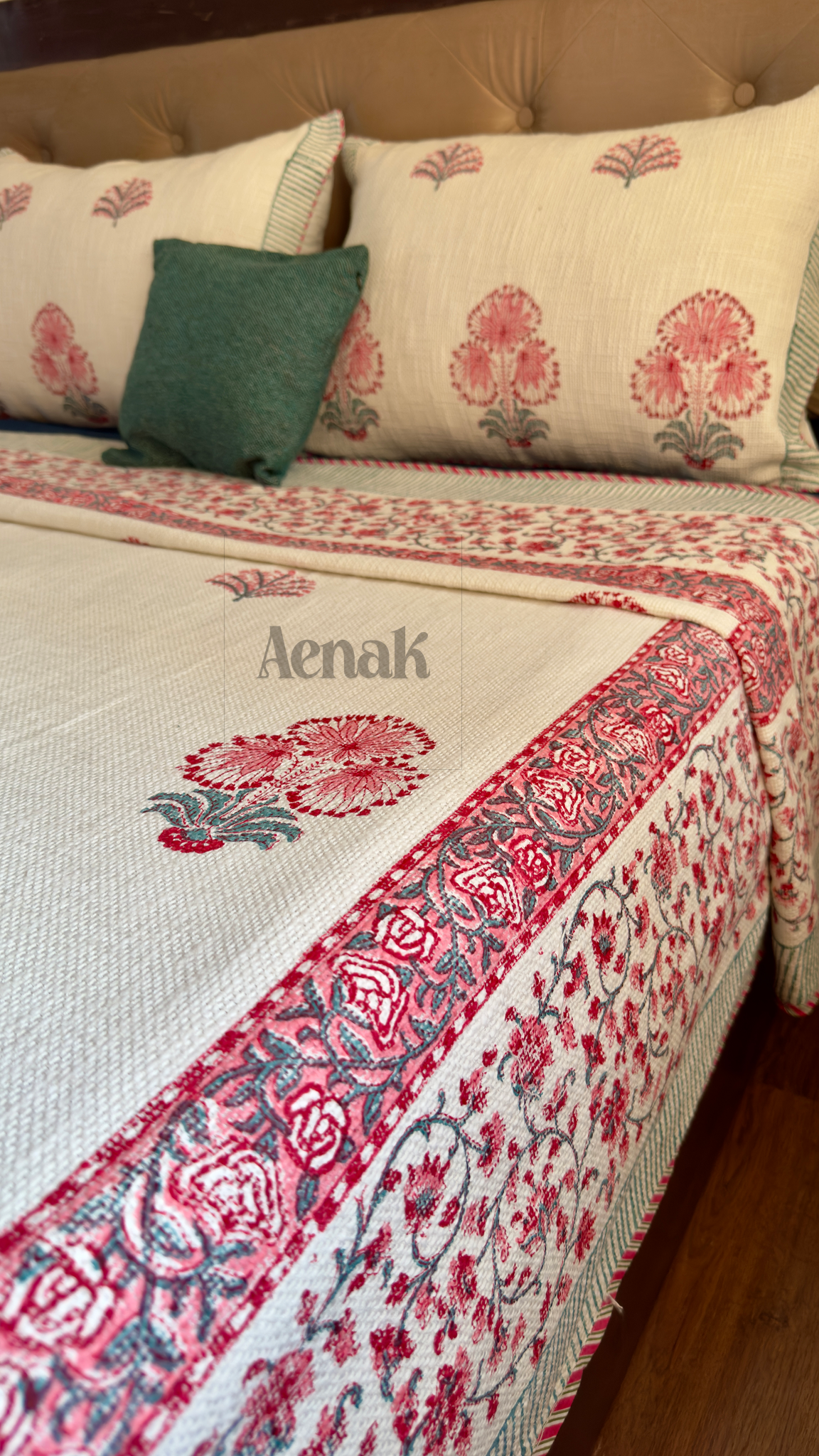 Pink Palm Handblock Printed Jute Cotton Bedcover