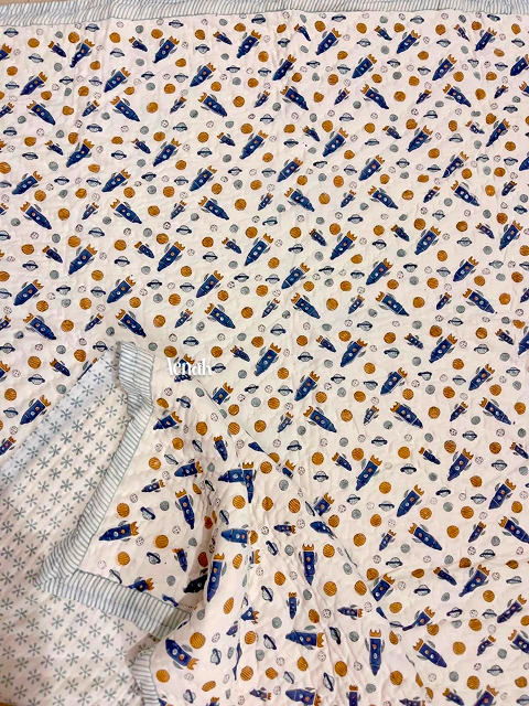 Blue Rocket Handblock Printed Reversible Mulmul Cotton Blanket