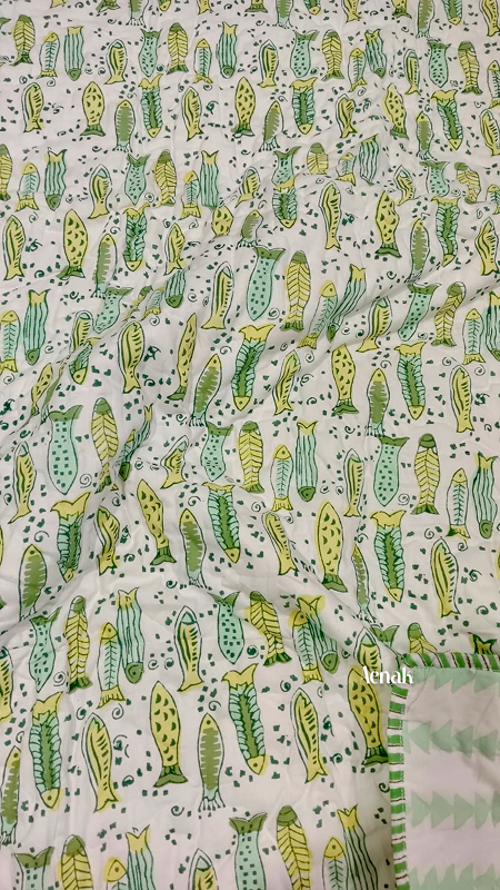 Green Fish Handblock Printed Reversible Mulmul Cotton Blanket