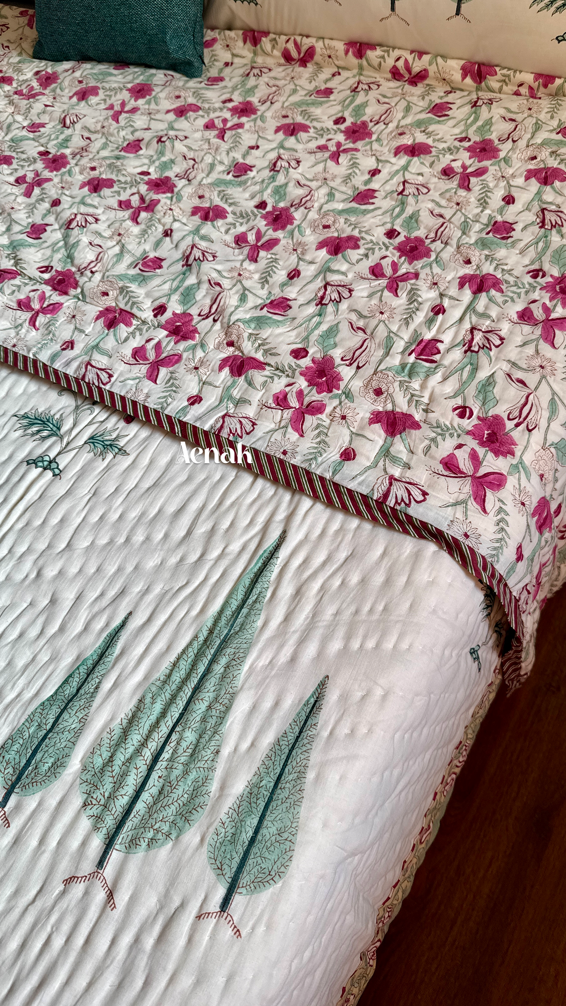 Magenta Floral Garden Handblock Bedsheet + Quilt Combo (Ivory Base)