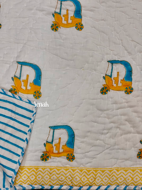 Yellow Auto Handblock Printed Reversible Mulmul Cotton Blanket